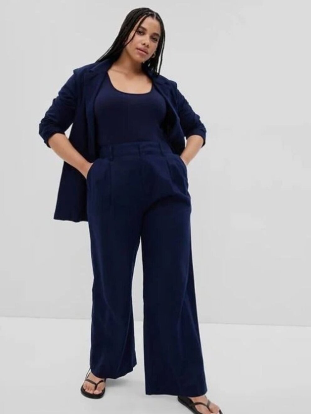 GAP High Rise Linen Pleated Wide Leg Pants Navy Blue Size 16